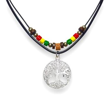 Imagem de Colar com pingente de árvore da vida celta de camadas duplas com contas de madeira com cordão preto ajustável masculino feminino rasta hippie cânhamo havaiano, Aço inoxidável, Sem Pedra Preciosa