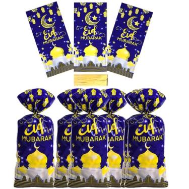 Imagem de Sacos de guloseimas Eid Mubarak, 100 peças de sacos de celofane de festa de estrela e lua dourada brilhante com laços torcidos sacos de presente de plástico transparente sacos de doces para casamento,