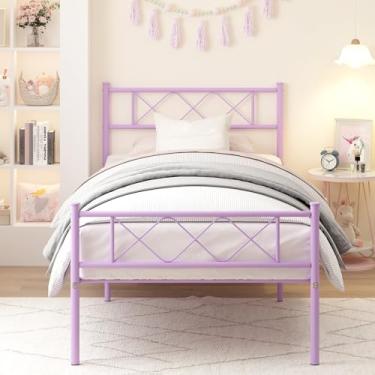 Imagem de Weehom Estruturas de cama de solteiro com cabeceira, estrutura de cama de plataforma de metal para crianças, meninas, sem necessidade de caixa, armazenamento embaixo da cama, fácil de montar, cama de