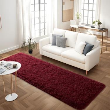 Imagem de FALARK Tapetes macios de corredor vermelho vinho para quarto, tapete de cabeceira de 0,6 x 1,8 m tapetes fofos de pelúcia, tapete de área moderno felpudo para sala de estar meninas quarto de crianças berçário decoração de casa, vinho tinto