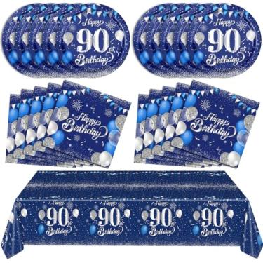 Imagem de SNIMICS Decorações Azuis de 90º Aniversário para Homens, Azul Marinho, Prata, Conjunto de Talheres para Feliz Aniversário de 90 Anos, Inclui Pratos, Guardanapos, Toalha de Mesa para Decoração de Festa