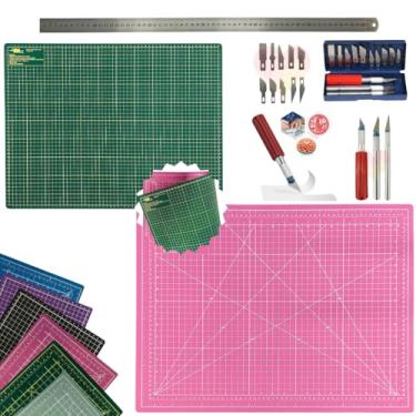 Imagem de Base Para Cortes 60x45 Dupla Face Autocura Multiuso Artesanato Patchwork Scrapbook Kit Estilete de Precisão 13pcs Regua 60cm (Rosa e Verde)