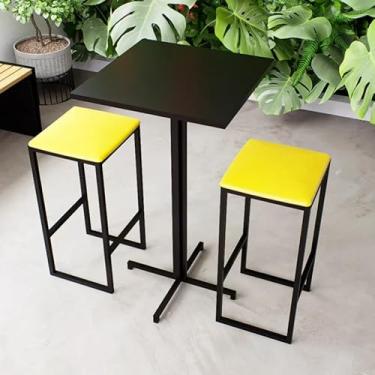 Imagem de Conjunto Mesa Alta Bar Bistrô Quadrada Preta 2 Bancos Estofado Industrial Black (Amarelo)