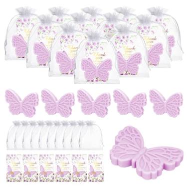 Imagem de 50 conjuntos de lembrancinhas de chá de bebê de borboleta para convidados Sabonete perfumado feito à mão com cartões de agradecimento sacos de organza para decoração de batismo revelar gênero presente