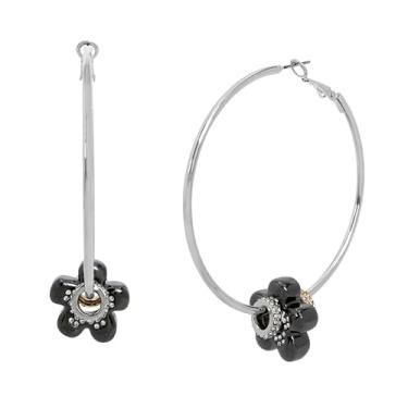 Imagem de Steve Madden Brincos femininos de argola com pingente de flor inchada, One Size, Metal Vidro, Sem pedra preciosa