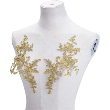 Imagem de HOBBIESAY 8 peças de aplique de renda bordado de flores ouro poliéster bordado apliques de reparo para vestido de casamento, vestido de corpete, roupas, artesanato, faça você mesmo