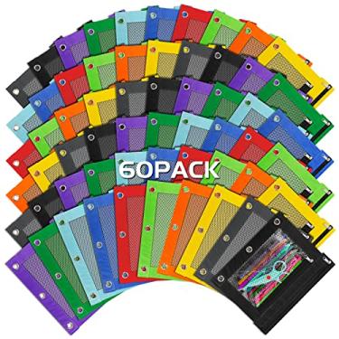 Imagem de 60 peças de bolsa de lápis para fichário de 3 anéis bolsa de lápis colorida com zíper, bolsa de lápis para sala de aula bolsa de lápis a granel caixa de lápis para armazenar materiais escolares de professores, 10 cores