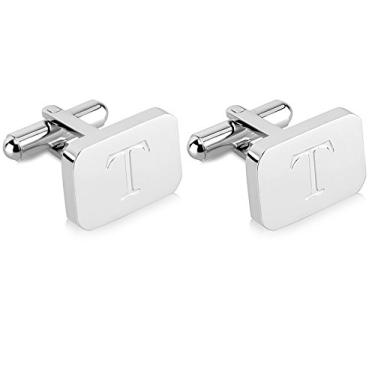 Imagem de Abotoaduras masculinas de aço inoxidável gravadas com inicial em ouro branco 18K - Letra personalizada A-Z da Lux & Pair
