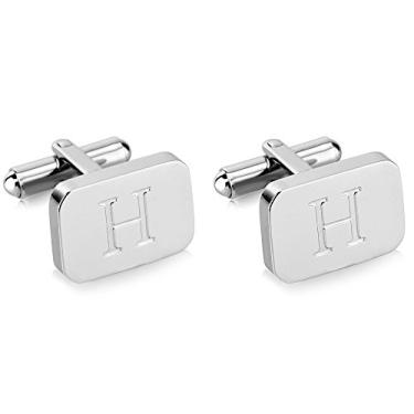 Imagem de Abotoaduras masculinas de aço inoxidável gravadas com inicial em ouro branco 18K - Letra personalizada A-Z da Lux & Pair