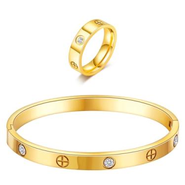 Imagem de Pulseira de amor da amizade banhada a ouro 18 K com anel conjunto de joias para mulheres pulseira oval de aço inoxidável com dobradiça simples de pedras de zircônia cúbica bracelete melhores presentes
