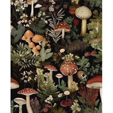 Imagem de Papel de parede verde escuro floresta descascar e colar, papel de contato de cogumelos marrons 44,5 cm x 1,000 cm, papel de parede floral vintage autoadesivo removível à prova d'água para quarto,