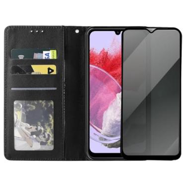 Imagem de Capinha Carteira Flip com Película 3D Privacidade Compatível Samsung Galaxy M34, Preta, Compartimentos para Cartões