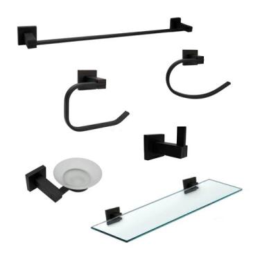 Imagem de Kit Acessórios Banheiro Em Aço Inox E Vidro 6 Peças Preto - KOKAY