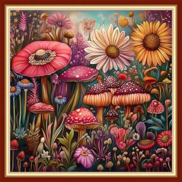 Imagem de Joyhoor Kits de ponto cruz para iniciantes carimbados suprimentos de ponto cruz kits de bordado pré-impressão para adultos kits de bordado DIY padrões de bordado 11 ct - flores de cogumelo coloridas