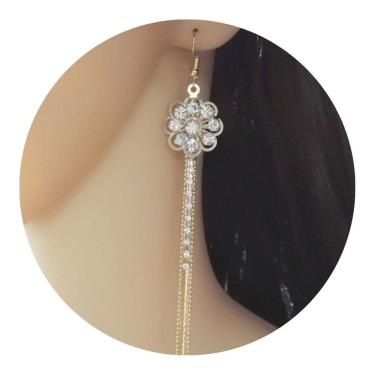 Imagem de Brinco Feminino Franja Longo Strass Dourado Flores Flor Brilho