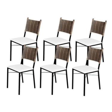 Imagem de Kit 6 Cadeiras Para Cozinha Preta Ratan Cappuccino Assento Estofado - 