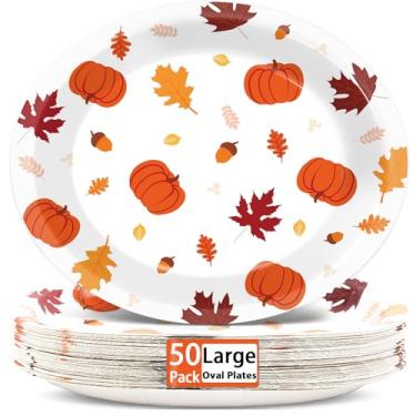 Imagem de 50 peças pratos de papel ovais para festa de outono grandes 28 cm travessas temáticas de outono, folha de ácer, folha de ácer, abóbora, bolota, design, bandeja de prato resistente para reuniões em casa, piquenique, ação de graças, jantar de mesa