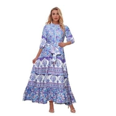 Imagem de HECCPLI Vestidos maxi boêmios casuais com estampa floral e gola V e manga curta, Roxo, azul, P