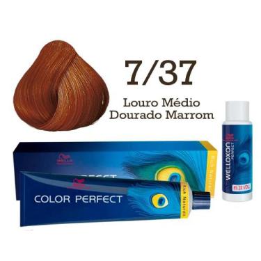Imagem de Coloração Color Perfect 7/37 Louro Médio Dourado Marrom + Oxidante Wel