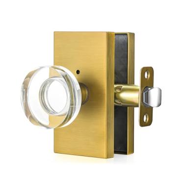 Imagem de Newlaking Maçanetas de porta de vidro cristal transparente latão acetinado, maçaneta interior de latão antigo com trava para quarto/banheiro
