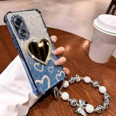 Imagem de Airbag Alça de Pulso Glitter Amor Coração Espelho de Maquiagem Capa de Telefone para Oppo A54 A55 A57 A58 A76 A77 A78 a96 4G 5G Capa, Azul, Para Oppo A78 4G