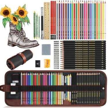 Imagem de Kit de lápis de arte de desenho de esboço - conjunto de 50 peças com 24 lápis de cor para livros de colorir para crianças adultas, 14 borrachas de grafite, 3 borrachas de carvão, etc., materiais de