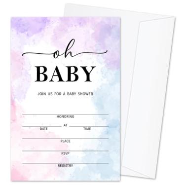 Imagem de mermermu Oh Baby! Convites de chá de bebê para meninos meninas, cartões de convite de anúncio de bebê em aquarela, 25 conjuntos de convites de preenchimento com envelopes, suprimentos de festa de