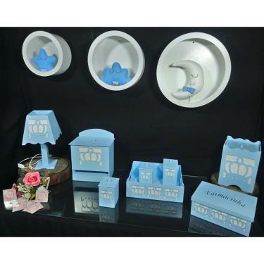 Imagem de Kit Higiene bebê mdf 8 pçs + 3 Nichos brancos - Coroa Azul (Pronta Entrega)