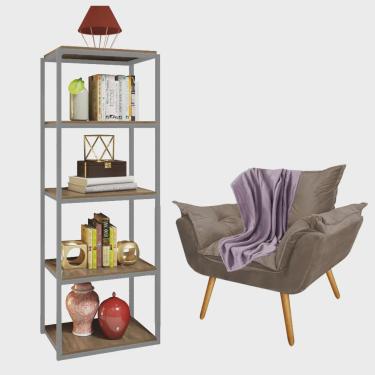 Imagem de Kit Poltrona Fatte com Manta Soft Lilás e Estante Livreiro Ferro Cinza mdf Imbuia Suede Bege - Ahazzo Móveis