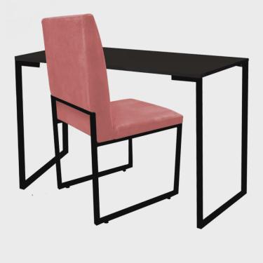 Imagem de Kit Cadeira e Mesa Escrivaninha Escritório Office Stan Industrial Ferro Preto Suede Rose Gold - Ahazzo Móveis