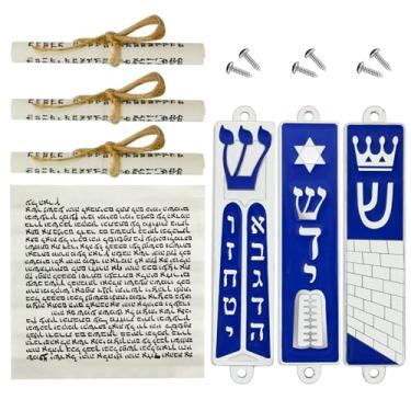 Imagem de MrMrKura Conjunto de 3 mezuzá com rolagem para porta, estojo mezuzá de Jerusalém com estrela de Davi, dez mandamentos, coroa da torá, capa prata azul para presentes judaicos, decoração de aquecimento