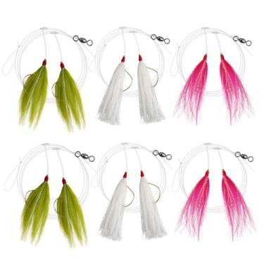 Imagem de Plataformas de isca de pesca de água salgada com Bucktail Mylar Teaser Rigs Sea Bass Hi/Lo Mylar Bucktail Teasers Hook Rig para robalo, surf, pesca oceânica (Bucktail-6 peças)