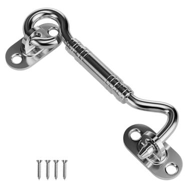 Imagem de SANKEYTEW Fechadura de porta de 10 cm, trava de porta de aço inoxidável de 10 cm, trava fácil para porta de celeiro, fechadura de porta deslizante prata com parafusos para janela, ganchos de cabine