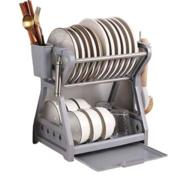 Imagem de Escorredor De Louça Para Cozinha Prato Duplo Porta Talheres Copos(COM PORTA TALHER Cinza)