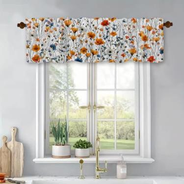 Imagem de Cortinas curtas de tratamento de janelas florais de primavera azul laranja cortinas blackout com bolso para varão painel de topo para banheiro, quarto, sala de estar, 137 x 45 cm