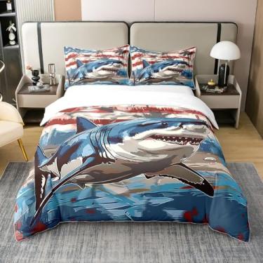 Imagem de Conjunto de capa de edredom tamanho casal tubarão 100% algodão puro, tinta tie-dye bandeira americana, capa de edredom 3 peças, capa de edredom submarino animal luxuoso macio, edredom não incluído