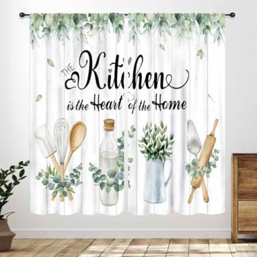 Imagem de Cortinas de cozinha rústicas, folhas verdes aquarela, tratamento de janela para sala de estar, café, cortinas de bolso de madeira, botânicas, quinta, país, tábuas de madeira, 132 x 203 cm