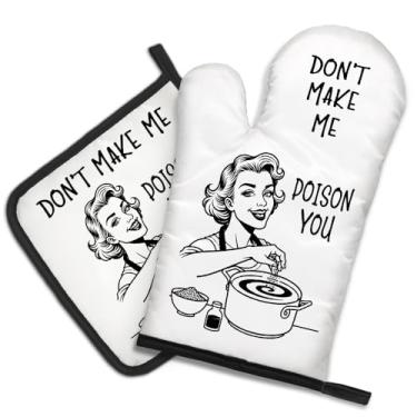 Imagem de DYJYBMY Don't Make Me Poison Your Food Conjunto engraçado vintage de luvas de forno e suporte de panela, presente perfeito de humor para mãe, irmã, chef, amiga, anfitriã, inauguração de casa, luvas de