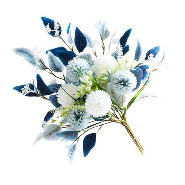 Imagem de JWlock Buquê de hortênsia artificial – Flores artificiais de hortênsia azul e branca para decoração de casa, centros de mesa de casamento, arranjos florais DIY e decoração de escritório