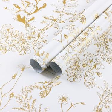 Imagem de Safiyya Descole e cole papel de parede dourado e branco papel de parede floral pássaros papel de parede moderno boho removível papel de parede autoadesivo rolos de vinil 998 x 43,9 cm
