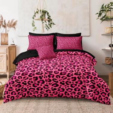 Imagem de Jogo de cama King com estampa de leopardo, preto e rosa, 8 peças, rosa choque com estampa de guepardo, textura de leopardo selvagem em uma bolsa com edredom e jogo de lençol