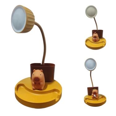 Imagem de Luminária Abajur De Mesa Capivara Led Porta Canetas Lápis Suporte Para Celular Com Apontador Decorativo (Mostarda)