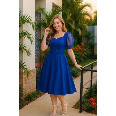 Imagem de Vestido Com Cinto Plus Size Gode Evangelico Elegante Decote Em V Manga