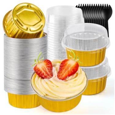 Imagem de 60 peças de mini formas de pão com tampas e colheres, assadeiras de folha de alumínio, mini formas de bolo redondas, copos de brownie para festa de piqueniques (ouro)