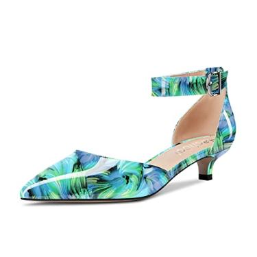 Imagem de Aachcol Sandália feminina de salto baixo com tira no tornozelo, bico fino, sapatos sociais, festa, escritório, casamento, 3,8 cm, Verde multicolorido B, 40