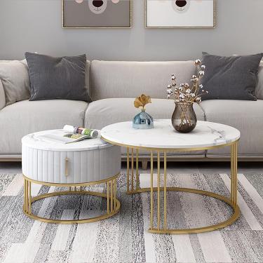 Imagem de Conjunto De 2 Mesas De Café Redondas, Mesa De Coquetel Moderna Com Tampo De Mármore Falso, 2 Peças Mesa Lateral De Acabamento Mdf Mesa De Acento Para Escritório Quarto, A, 50x40+70x45cm