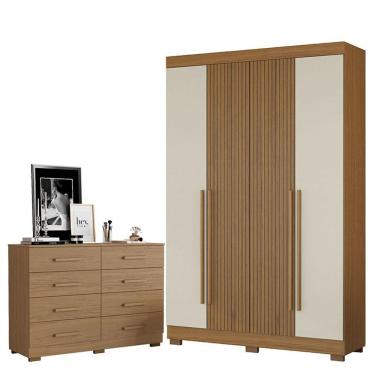Imagem de Kit Cômoda e Guarda Roupa Solteiro 2014148 2030240 Atacama Areia 8 Gavetas MDF Bege Moderno