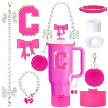 Imagem de Conjunto de acessórios de copo Stanley rosa de 9 peças para copo de 850 g 1,134 g com alça, inclui alça de pérola, topos de palha e bota de laço, pingentes de decoração, adesivo de letra, tampas à