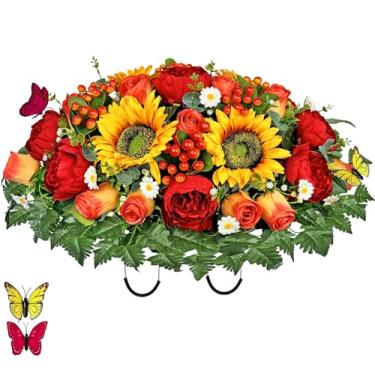 Imagem de MUVIC Flor de cemitério artificial para sepultura - girassol e rosa, ajuste fácil