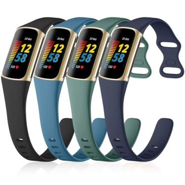 Imagem de GEAK Pacote com 4 pulseiras finas compatíveis com Fitbit Charge 5/Charge 6 para mulheres e homens, pulseira esportiva de silicone macio para Fitbit Charge 5/Charge 6, preta/ameixa/ardósia/verde pinho